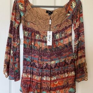 Sky Orange Red Pleated 3/4 Sleeve Blouse